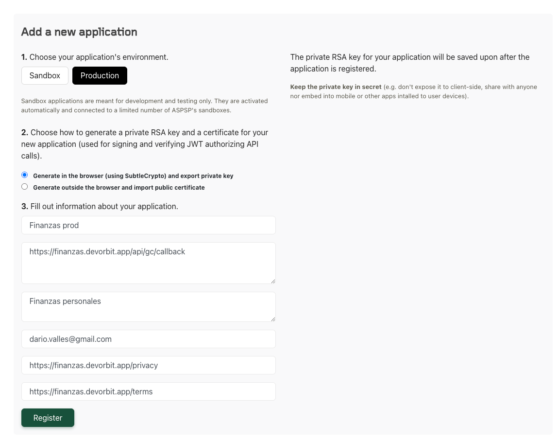Formulario «Add a new application» de Enable Banking