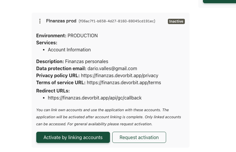Detalle de la aplicación con el Application ID junto al nombre